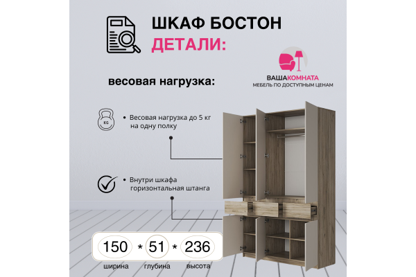 Шкаф трехдверный "БОСТОН" ШК-002 1,5 м 